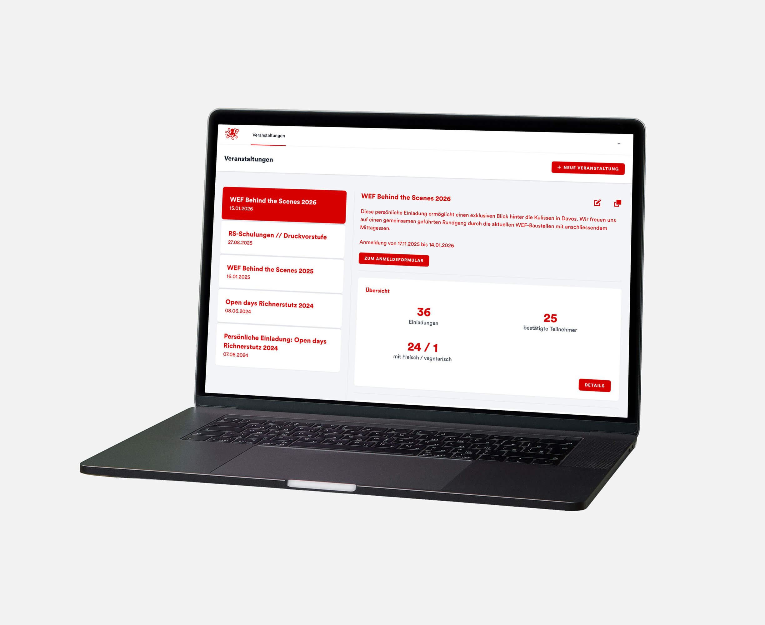 Laptop mit geöffneter Eventtool-Software und Übersicht zu Einladungen und Teilnehmern